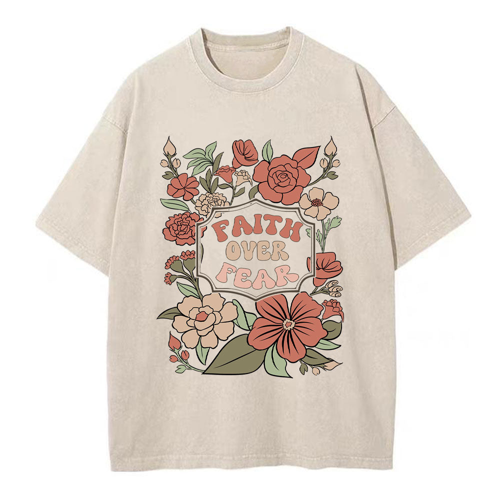 Faith Over Fear Boho Floral Christian Washed TShirt  