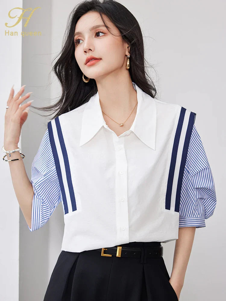 Summer Korean Women’s Colorblock Striped Chiffon Blouse – Vintage Short-Sleeve Casual Office Shirt