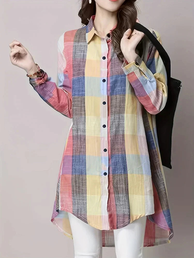 Plus-Size Women’s Blouse 2025 – Loose Vintage Stripe Plaid Lightweight Long-Sleeve Travel Shirt, Elegant Korean-Style Top