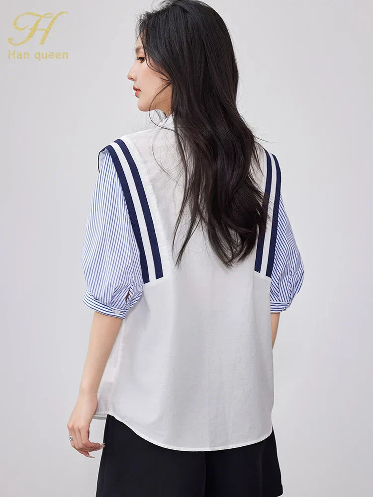 Summer Korean Women’s Colorblock Striped Chiffon Blouse – Vintage Short-Sleeve Casual Office Shirt