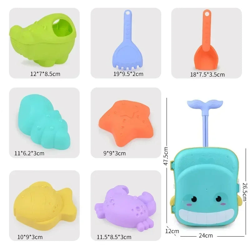Children’s Summer Beach Toy Set – Outdoor Sand Shovel, Water Play Tools, Trolley Suitcase, Sand Molds, and Rake for Kids’ Gifts